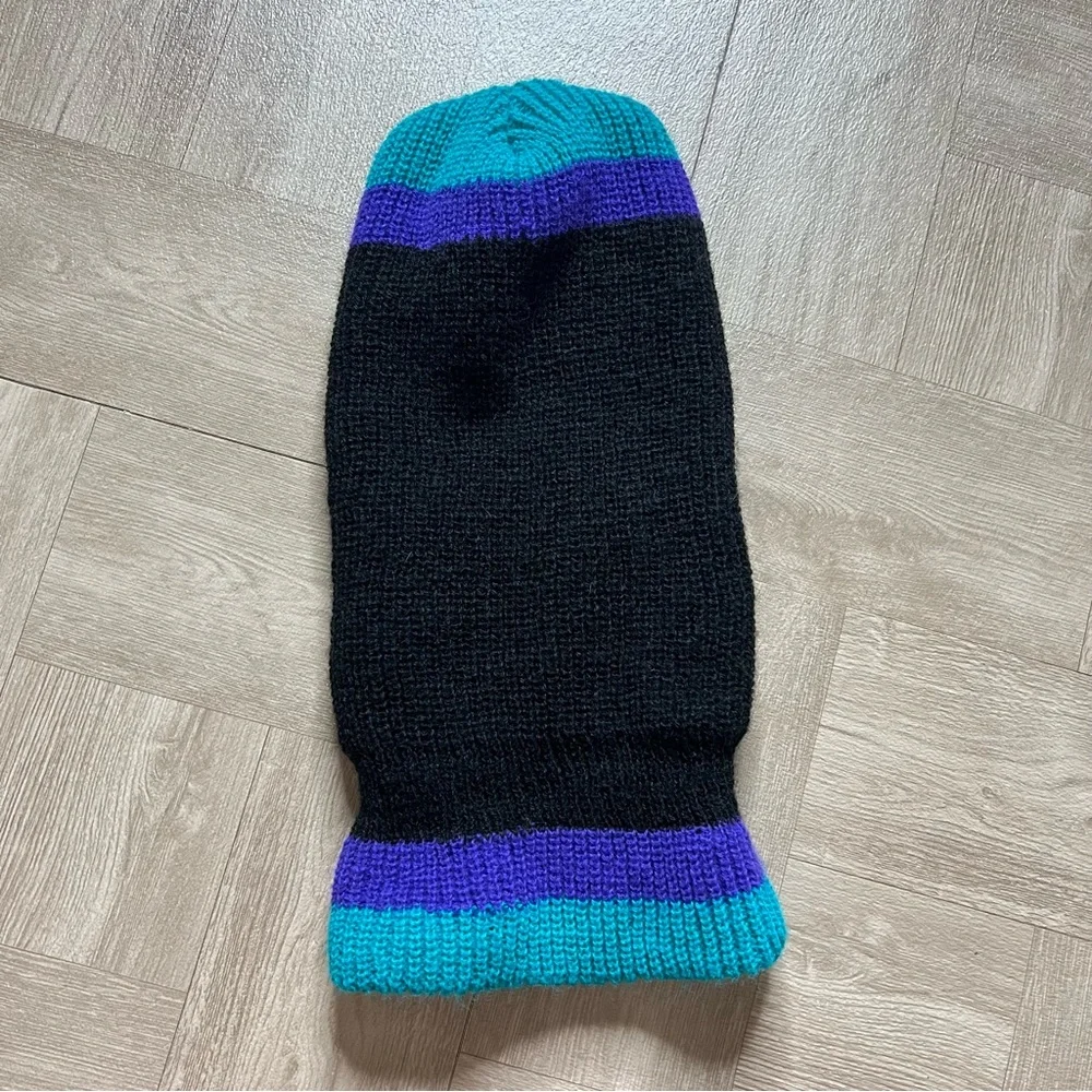 Black Knit Ski Mask with Teal and Purple Accents